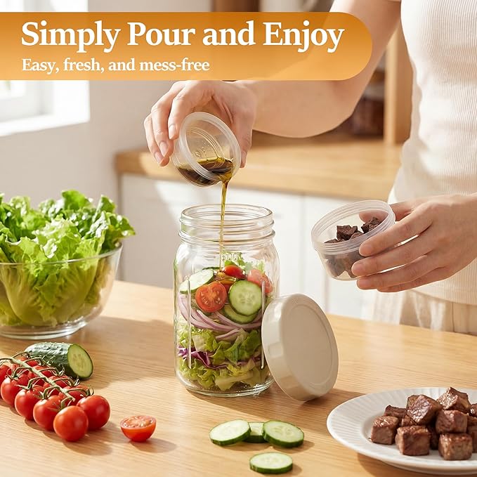 Glass Salad Jars 4 Pack 32oz with Lids for Meal Prep, Salad Container for Lunch, Jars with Dressing Cup, Wide Mouth Mason Jars, Meal Prep Jars