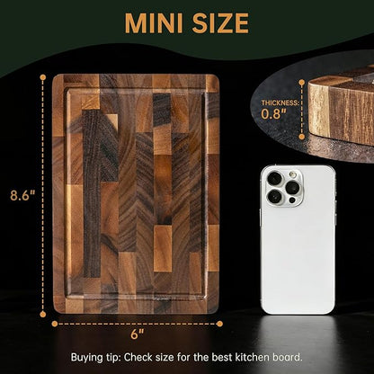 THETCHRY Walnut Wood Small Cutting Board, Compact Chopping Board with Deep Juice Groove, Knife Friendly & Non-Slip Design, 10x8x0.8 Inch for Fruit Cheese Prep