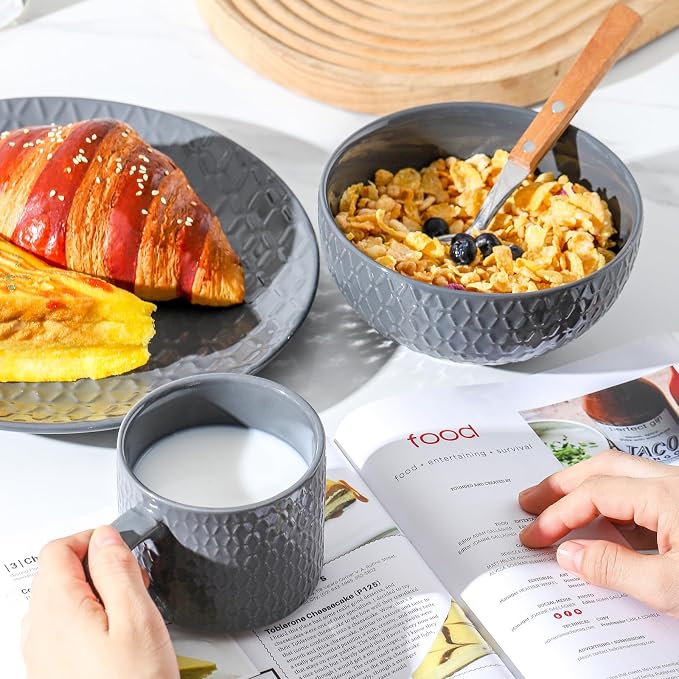 HASENSE Cereal Bowls Set of 4, 26 OZ Ceramic Soup Bowls,Stoneware Porcelain Cereal Bowls for Soup, Cereal, Oatmeal, Fruit, Salad, Embossed Pattern, Cereal Bowls for Kitchen & Home, Gray
