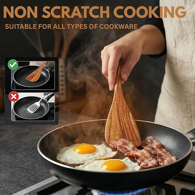DADU BADU 6 Piece Teak Wood Utensil Set Non Toxic, Handmade Cooking Spoons & Spatulas for Nonstick Cookware Includes Wok Spatula, Skimmer & Salad Set Heat Resistant Kitchen Utensil Gift Set