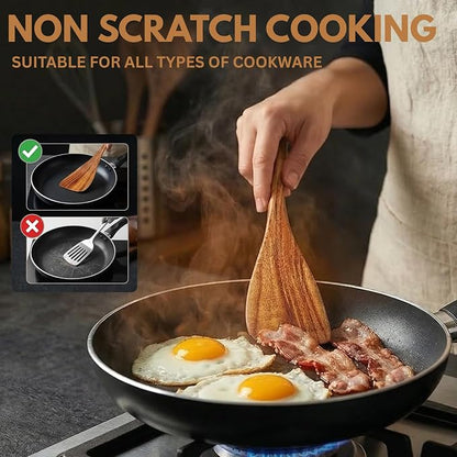 DADU BADU 6 Piece Teak Wood Utensil Set Non Toxic, Handmade Cooking Spoons & Spatulas for Nonstick Cookware Includes Wok Spatula, Skimmer & Salad Set Heat Resistant Kitchen Utensil Gift Set