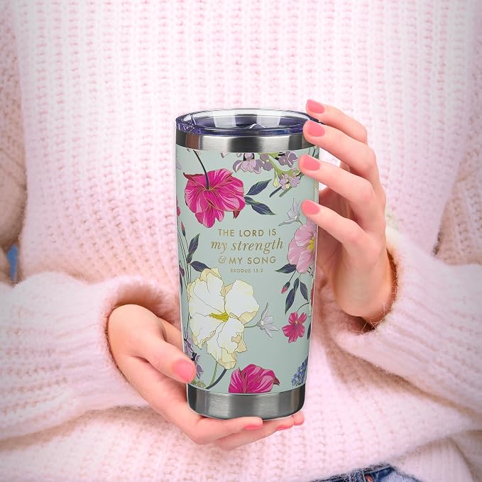 Christian Art Gifts Large Stainless Steel Scripture Travel Mug Tumbler for Women: Lord is My Strength Inspirational Bible Verse, Double Wall Vacuum Insulated w/Lid, Mint Green Multicolor Floral, 18oz.