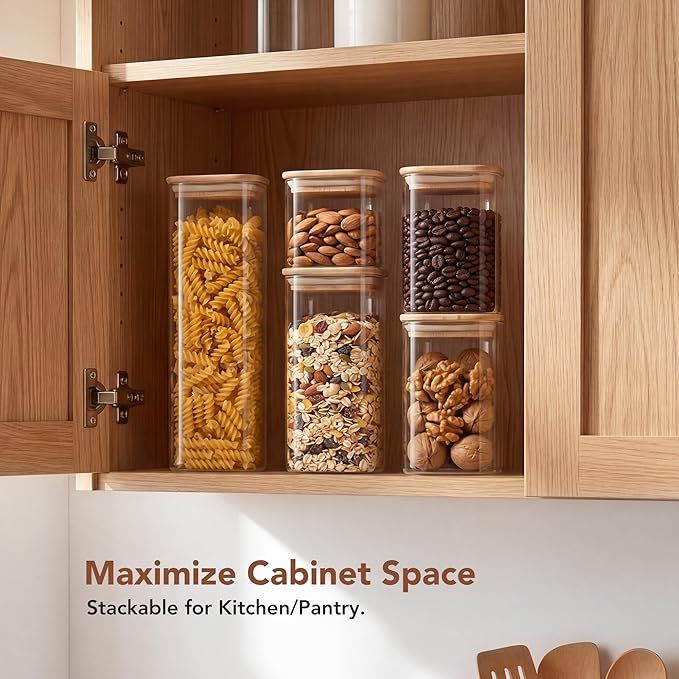 GENICOOK Square Glass Pasta Storage Containers, Set of 5, Pantry Organization & Storage Jars with Bamboo Lids, Stackable Borosilicate Kitchen Canisters for spaghetti, Sugar, Coffee, and Cereal