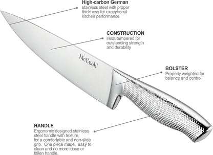 McCook® Knife Sets,Full Tang Hammered German Stainless Steel Kitchen Knife Set, 17 Piece Knives, Razor-Sharp, Forged Triple Rivet, Ergonomic Handle,Elegant Box for Gift