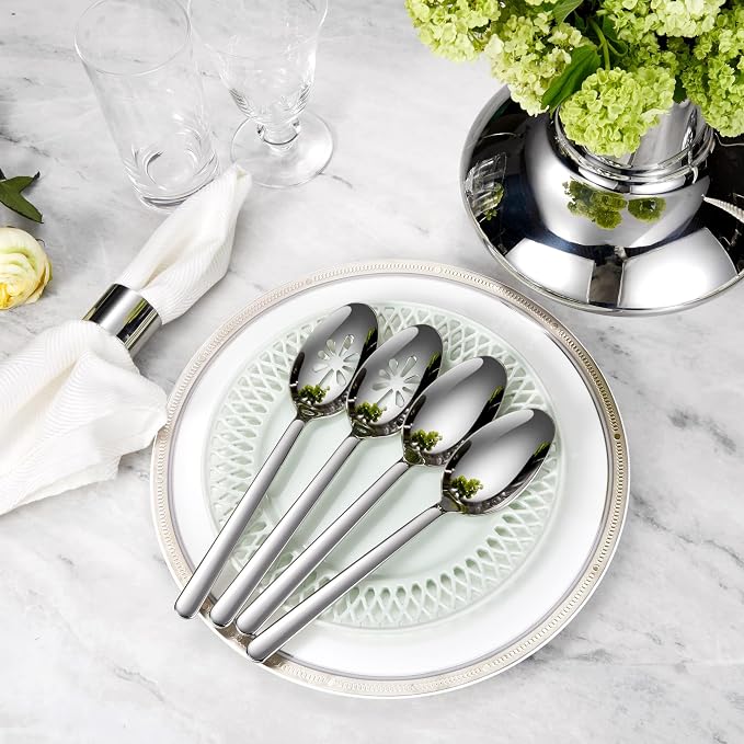 KEAWELL Premium Aline 4-Piece 9 inch Spoon Set – 18/10 Stainless Steel Silverware with Mirror Polish, Dishwasher Safe for Table Setting and Entertaining (4, Serving Spoons and Slotted Spoons)