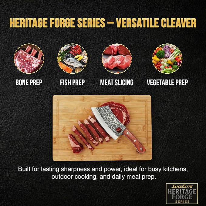 SliceElite Hand Forged Meat Cleaver Knife | Heavy Duty Butcher Knife with Blackened Blade, Sandalwood Handle & Gift Box | High Carbon Steel BBQ Kitchen Cleaver | Bone Chopping Knife for Men