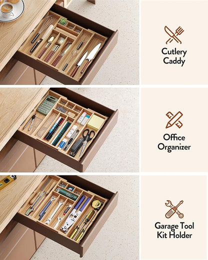 Orimade Oak Expandable Silverware Drawer Organizer, Adjustable Kitchen Utensil Holder & Cutlery Tray Drawer Dividers for Flatware (10 Slot), Large