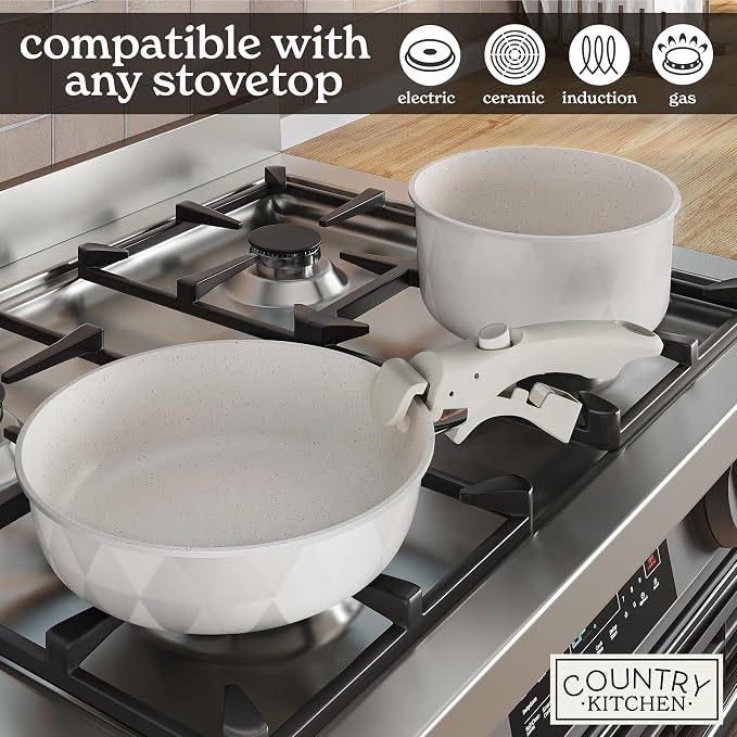 Country Kitchen Cookware Set with Removable Handle, Oven & RV Safe Pots and Pans Set, Cream Diamond, Original