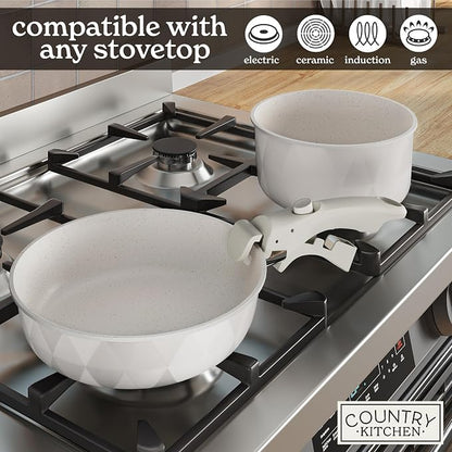 Country Kitchen Cookware Set with Removable Handle, Oven & RV Safe Pots and Pans Set, Cream Diamond, Original