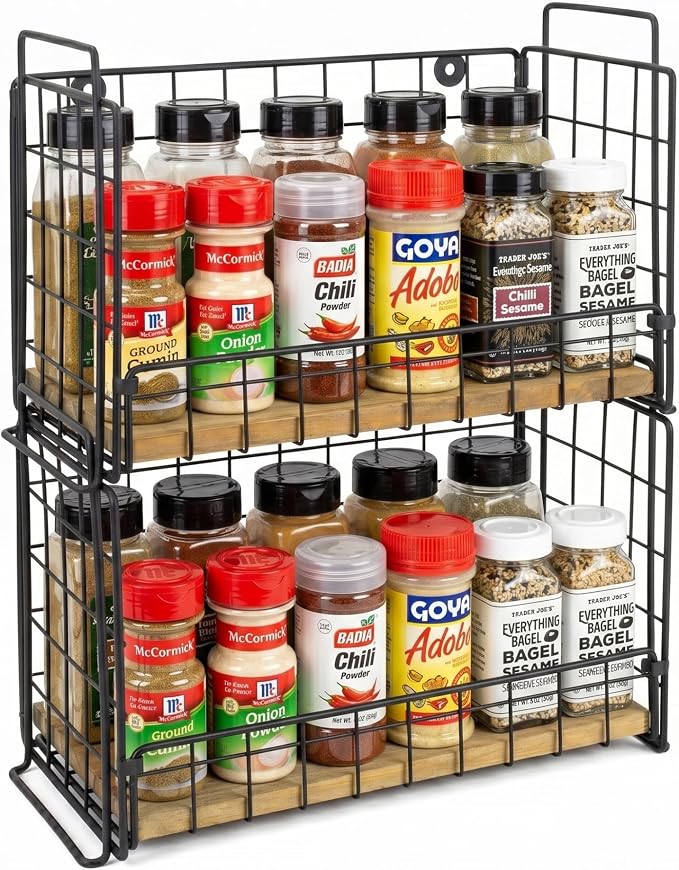 TIEYIPIN 2-Tier Spice Rack Organizer for Countertop, Stackable Metal Wire Kitchen Organization and Storage, Wall Mounted Seasoning Rack with Wooden Base for Cabinet, Pantry, Farmhouse Black