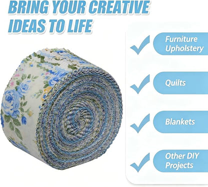 Nodsaw Blue Floral Jelly Roll Fabric Strips, 2.5" x 44" 42 Pcs Soft Cotton Pre-Cut Quilting Fabric Strips for Rug, Blanket, Quilt, Table Runner, and DIY Sewing Craft Projects, Sunshine Blooms