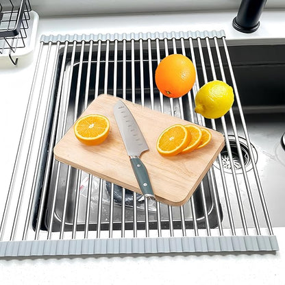 Roll Up Dish Drying Rack 21.3" x 15.8" Over The Sink Dish Drying Rack, Kitchen Dish Rack Stainless Steel Dish Drying Rack for Kitchen Sink Counter Storage (Grey)