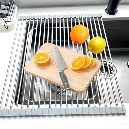 Roll Up Dish Drying Rack 19.7" x 15.8" Over The Sink Dish Drying Rack, Kitchen Dish Rack Stainless Steel Dish Drying Rack for Kitchen Sink Counter Storage (Grey)