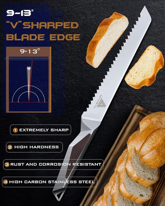 Resharpenable 8-Inch Bread Knife – Multifunction Serrated Knife with Wavy Edge, High-Carbon German Stainless Steel & Full Tang for Efficient Homemade Bread Slicing