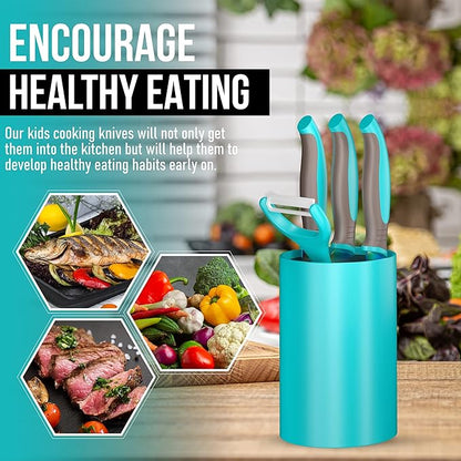 TruChef 5-Piece Kids Cooking Chef Knife Set | Real Stainless Steel Knives with Peeler, Serrated Knife & Holder | Kids Safe Rounded Tips, Easy-Grip Handles | Kitchen Knife Set (5 pcs, Aqua)