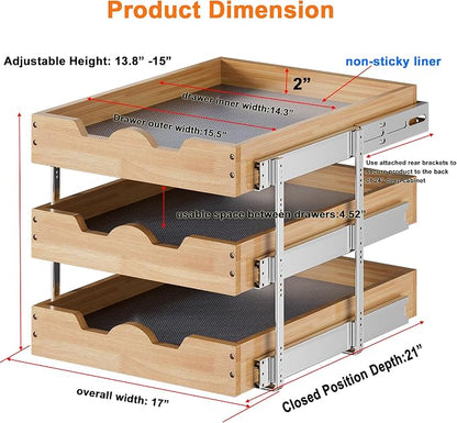 DINDON 3 Tier Pull Out Cabinet Organizer 17”W X21”D Slide Out Shelves With Shelf Liner for Kitchen Wood Roll Out Drawers Pantry Organization