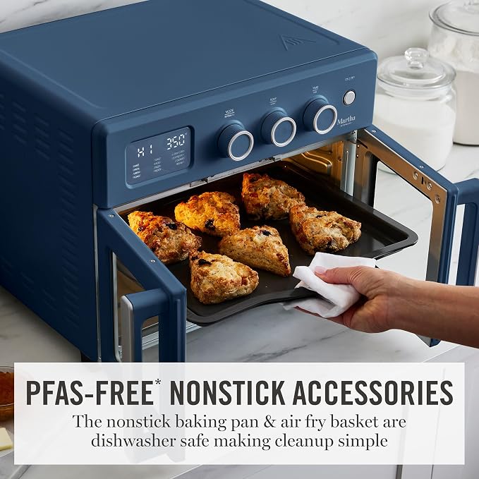 Martha Stewart French Door Air Fryer Toaster Oven Combo, 34QT Countertop Convection, 12-in-1, Bake, Broil, Roast, Fits 12” Pizza, Dehydrate, 5 Accessories, Air Fry Basket, Stainless Steel, Indigo Blue