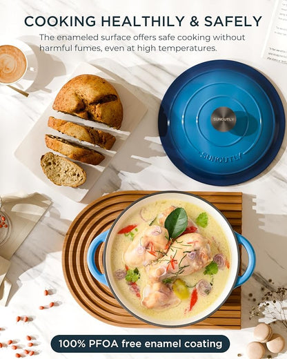 Enameled Cast Iron Dutch Oven - 4.5QT Dutch Oven Pot with Lid & Cotton Potholders - Heavy-Duty Non Stick Casserole Pot for Braising, Stews, Roasting, Baking, Suitable for All Stovetops, Navy Blue