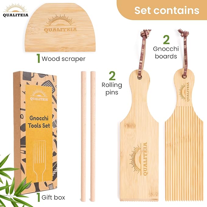 Gnocchi Board Set for Rolling Dough - 2x Paddles, 2x Rollers & 1x Cutter, Bamboo Pasta Shaper Tools Butter Maker, Garganelli Cavatelli Tortellini Cavarola Roller (Gnocchi Board Set 4)