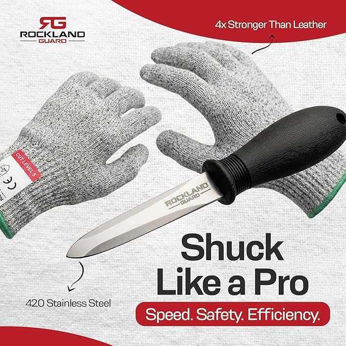 Rockland Guard Professional Oyster Shucking Kit - 3.5” Heavy Duty Stainless Steel Oyster Shucking Knife and Level 5 Cut Resistant Gloves, Clam Opener Shucker and Seafood Tool Gift Set, Medium