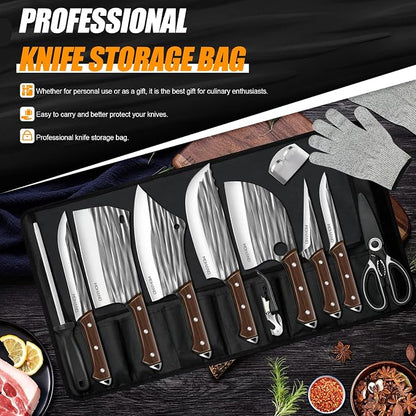 MDHAND Butcher Knife Set, Hand Forged Serbian Chef Knife Set with Roll Bag, Heavy Duty Meat Cleaver Knives, Boning Knife, Meat Cutting Knife for Home Kitchen & Camping BBQ, Gifts for Men Women