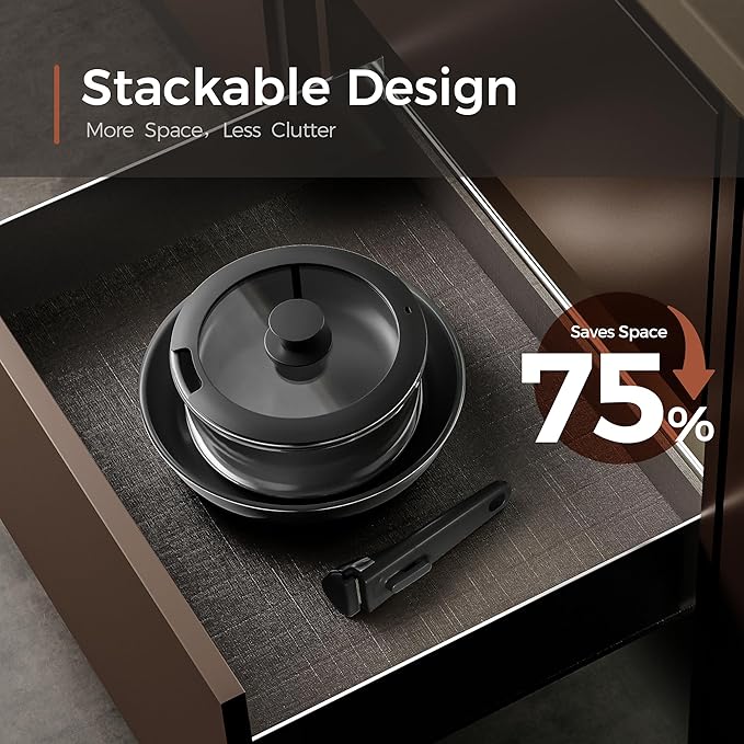 5PCS Pots and Pans Set Non Stick, Diamond-Titanium Ceramic Cookware Set & 3 Layer Stainless Steel with Detachable Handle, Induction Cookware, Non Toxic Oven/Dishwasher Safe, Black