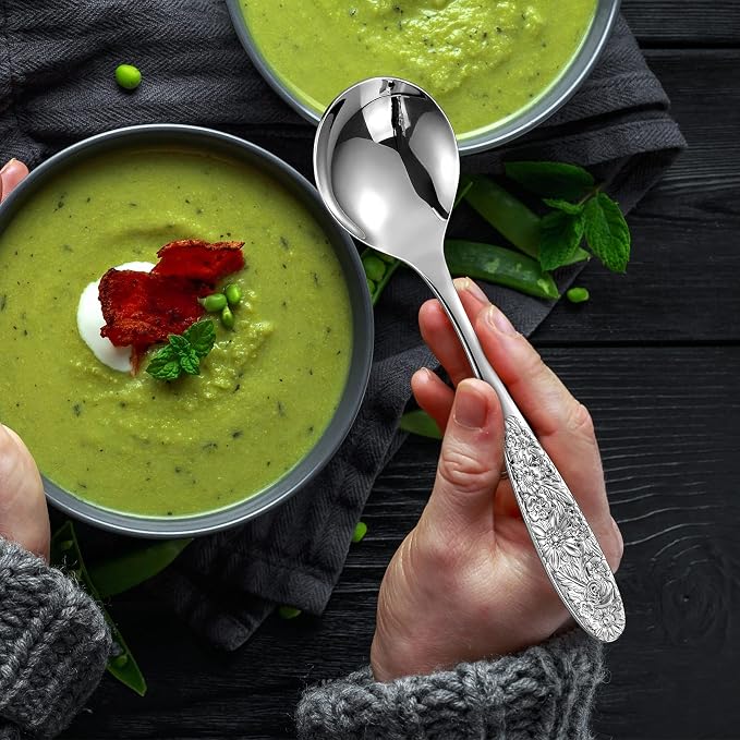 KEAWELL Sunflower Soup Spoon, Set of 4, 18/10 Stainless Steel, Bouillon Spoon, Dishwasher Safe, Fine Mirror Polished
