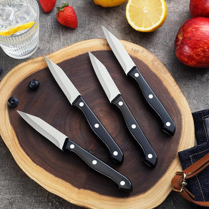BEWOS 4-Piece Paring Knife Set - Paring Knives with Ergonomic Handle, 3.5 Inch Triple Rivet Paring Knives, Stainless Steel Black Parers for Vegetable, Fruit & Kitchen Use