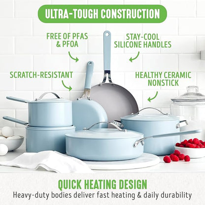 GreenLife 10-Piece Nonstick Ceramic Cookware Set, Lightweight Healthy PFAS-Free Pots & Pans with Lids, Dishwasher & Oven Safe, Durable Body, Silicone Stay-Cool Handles, Easy Release, Blue Haze