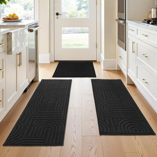 U'Artlines Kitchen Rugs and Mats Set of 3, Non Skid Washable Black Geometric Kitchen Mats for Floor, Absorbent and Stain Resistant Floor Mat for Laundry, Sink Decor 20x32+20x48+20x59