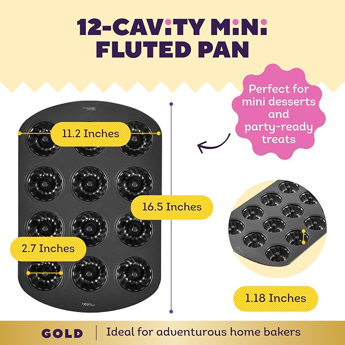 Wilton Gold Non-Stick Bakeware Mini Fluted Pan - Baking Pan for Mini Bundt Cakes, Donuts & More - Made Without PFAS & Scratch Resistant - Offers Even Heat Distribution - 16.5 x 11 Inch, 12 Cavity