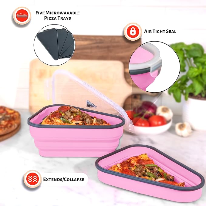 PIZZA PACK The Perfect Reusable Pizza Storage Container with 5 Microwavable Serving Trays - BPA-Free Adjustable Pizza Slice Container to Organize & Save Space, Pink