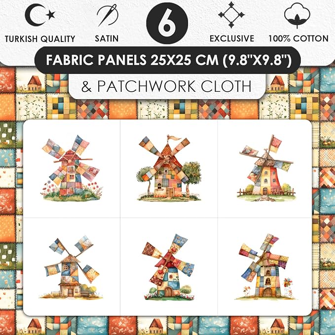 Patchwork Fabric Panel with Windmill Designs – 100% Cotton Satin, 6 Printed Panels 10”×10” + Patchwork Sheet 29.5”×19.7”, Single Continuous Cloth for Quilting & Sewing