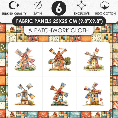 Patchwork Fabric Panel with Windmill Designs – 100% Cotton Satin, 6 Printed Panels 10”×10” + Patchwork Sheet 29.5”×19.7”, Single Continuous Cloth for Quilting & Sewing