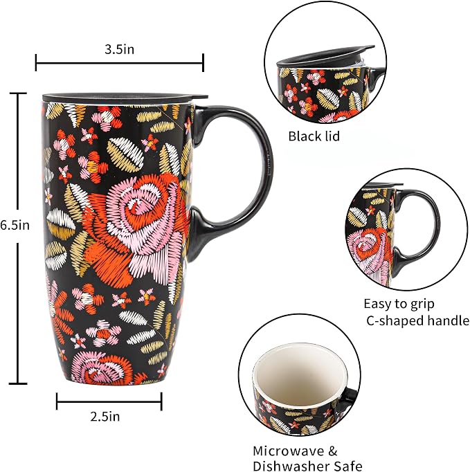 Topadorn 17oz Ceramic Travel Mug with Lid and Handle, Black Floral Coffee Cup, Embroidered Rose Style Mug, Microwave & Dishwasher Safe, Gift Box Included