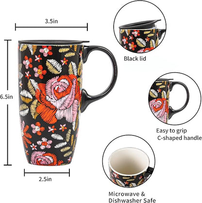 Topadorn 17oz Ceramic Travel Mug with Lid and Handle, Black Floral Coffee Cup, Embroidered Rose Style Mug, Microwave & Dishwasher Safe, Gift Box Included