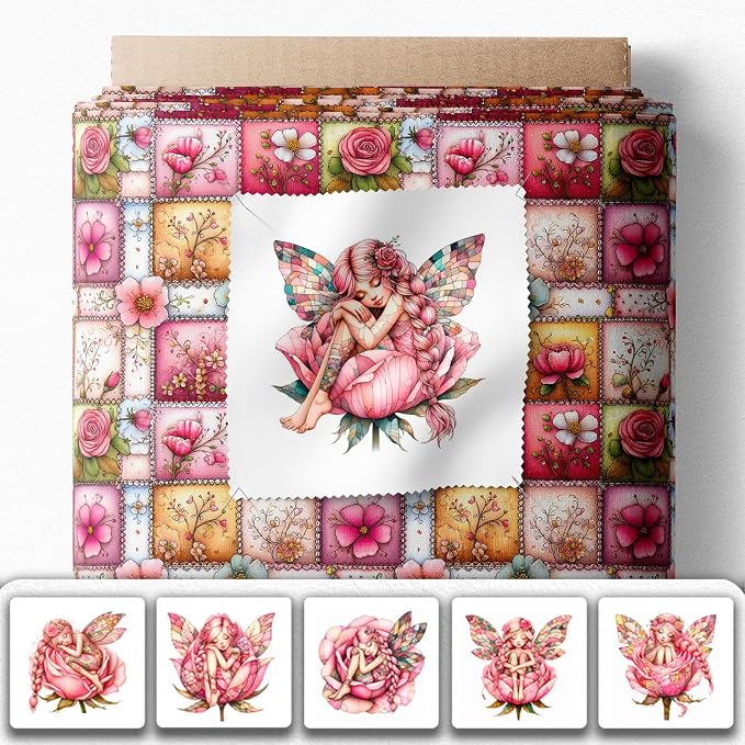 ‍ Pink Fairy Patchwork Cotton Fabric Panel – 6 Designs (10×10 inch Each) + Bonus Patchwork Sheet 29.5×19.6 inch, 100% Cotton 140 GSM