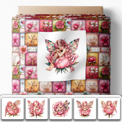 ‍ Pink Fairy Patchwork Cotton Fabric Panel – 6 Designs (10×10 inch Each) + Bonus Patchwork Sheet 29.5×19.6 inch, 100% Cotton 140 GSM