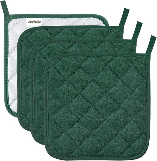 Joyhalo 4 Pack Pot Holders for Kitchen,Cotton Oven Holder with Great Heat Resistance,Non Slip Hot Pads for Kitchen Clearance,Dark Green