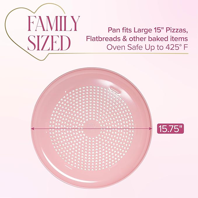 Paris Hilton Pizza Crisper with Heart Cut Outs, Heavy Duty Carbon Steel Baking Pan features Premium Nonstick Coating Made Without PFAS & PFOA, 15.75-Inch, Pink