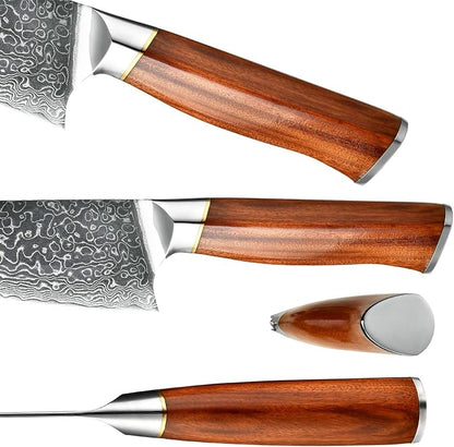 Klaus Meyer Damascus Chef Knife 6.5 Inch Rosewood Handle Chef Knife Ultra Sharp Santoku Knife, Gift For Women Men