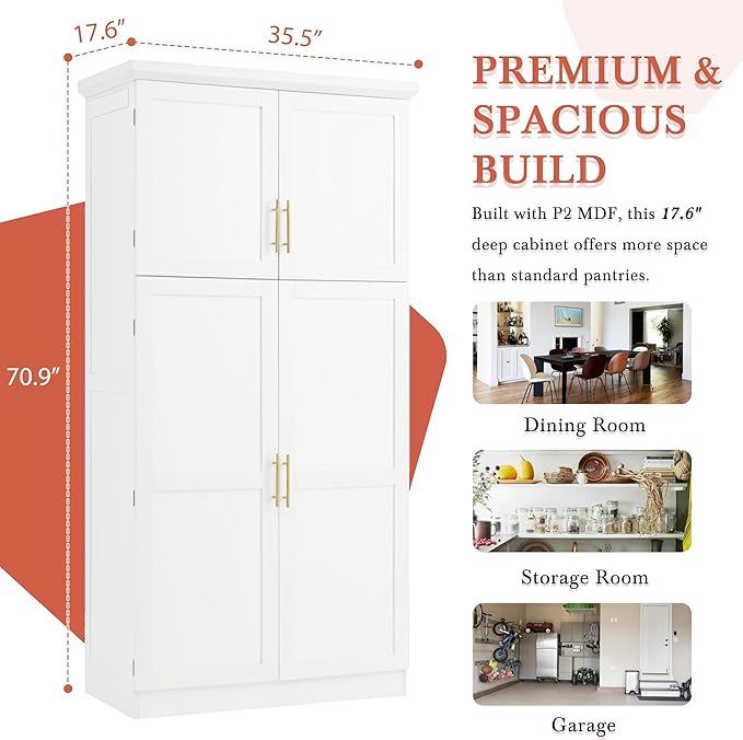 VilroCaz Freestanding Kitchen Pantry Tall Storage Cabinet, Wooden Kitchen Organizers with 4 Doors, 2 Door Shelves, 8 Pull-Out Trays and Adjustable Shelf for Dining Room Living Room (White-8.5)
