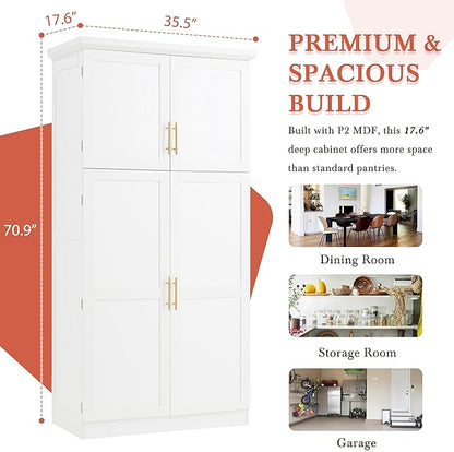 VilroCaz Freestanding Kitchen Pantry Tall Storage Cabinet, Wooden Kitchen Organizers with 4 Doors, 2 Door Shelves, 8 Pull-Out Trays and Adjustable Shelf for Dining Room Living Room (White-8.5)