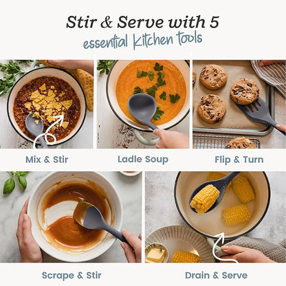 Starpack Stir and Serve Silicone Cooking Utensils Set (5-Piece, 11") - LFGB Non Toxic, 600°F Heat Resistant, BPA-Free - One-Piece Seamless, Dishwasher Safe - for Nonstick Cookware, Gray Black