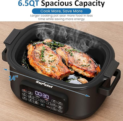 12-in-1 Multicooker, 6.5QT Slow Cooker Roaster Oven, Digital Programmable Multi Functional Pot with Timer Temp Control Delay Start Glass Lid Removable Nonstick Pot, Roast/Steam Rack, Black
