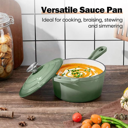 Homikit 1 QT & 2 QT Saucepan Set, Enameled Cast Iron Saucepan with Lid for All Cooktops, Small Pot Mini Dutch Oven for Kitchen Cooking, Boiling, Nonstick & Heavy Duty, Sage Green