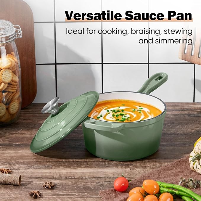 Homikit 1 Quart Saucepan with Lid, Enameled Cast Iron Small Sauce Pan Cooking Pot for Soup, Milk, Pasta, Nonstick Enamel Dutch Oven for All Cooktops, Heat Resistant Up to 500°F, Sage Green