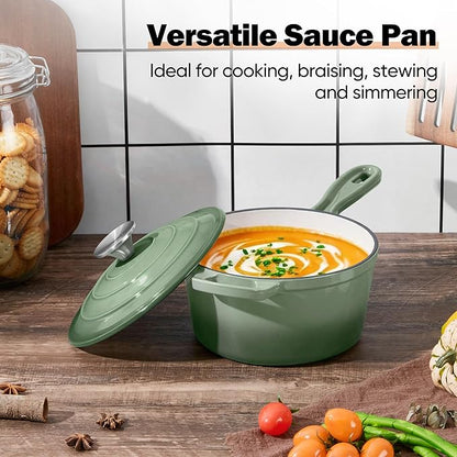 Homikit 1 Quart Saucepan with Lid, Enameled Cast Iron Small Sauce Pan Cooking Pot for Soup, Milk, Pasta, Nonstick Enamel Dutch Oven for All Cooktops, Heat Resistant Up to 500°F, Sage Green