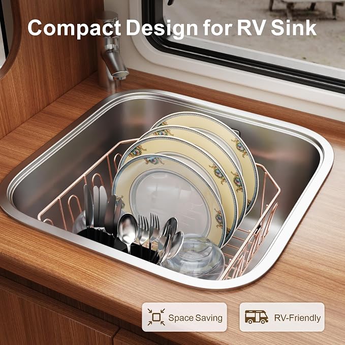 GSlife Small in Sink Dish Drying Rack - Stainless Steel Compact Dish Drainer for RV Kitchen Apartment Sink, Rust Resistant Inside Sink Rack, 1–2 Person Households, 13.1" W x 14.4" L, Rose Gold