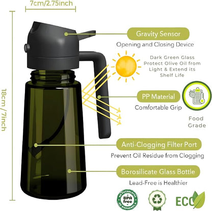 Glass Olive Oil Sprayer for Cooking 16oz/470ml – Dark-Green 2-in-1 Glass Oil Sprayer & Dispenser with 9 Labeled Stickers, Kitchen Gadgets & Air Fryer Accessories, Olive Oil Dispenser – Black